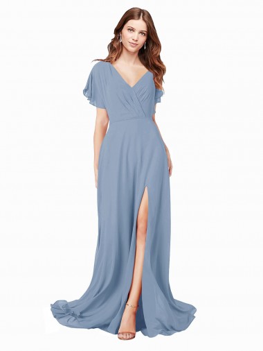 Wholesale Chiffon Prom Dress with Flutter Sleeves and Front Slit UK