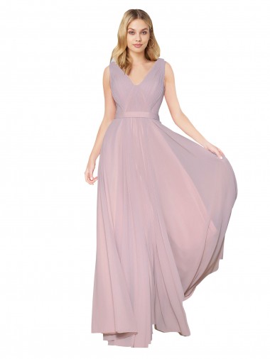 Wholesale Draped V-Neck Long Chiffon Prom Dress with Shirred Bodice UK