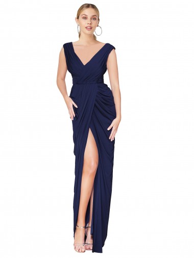 Wholesale Draped V-Neck Long Chiffon Prom Dress with Front Slit UK