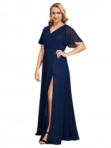 Wholesale Chiffon V-Neck Short Sleeves Long Prom Dress with High Slit UK