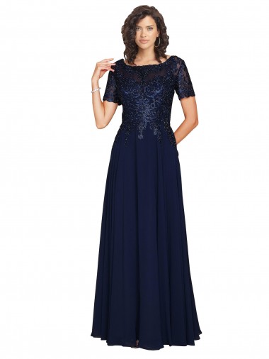 Wholesale Short Sleeves A-Line Long Chiffon Prom Dress with Beaded Bodice UK