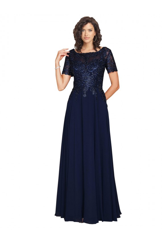 Wholesale Short Sleeves A-Line Long Chiffon Prom Dress with Beaded Bodice UK