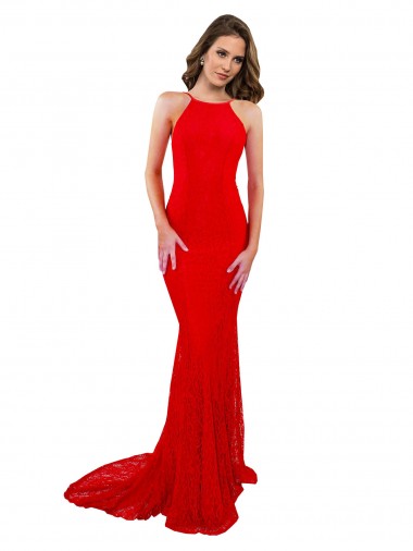 Wholesale High Neck Long Lace Prom Dress with Open Back Straps UK