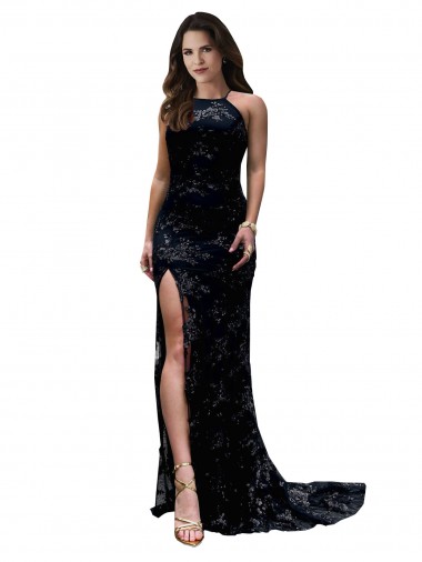 Wholesale High Neckline Lace Open Back Prom Dress with High Slit UK