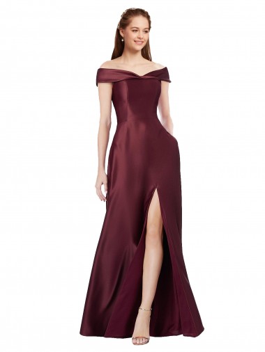 Wholesale Long Off the Shoulder Satin Prom Dress with Thigh-high Slit UK