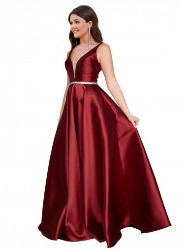 Wholesale Sleeveless Deep V-Neck A-Line Satin Prom Dress with Pockets UK