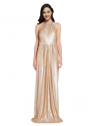 Wholesale Floor Length Halter Neck Sparkling Sequin Prom Dress with Pleats UK