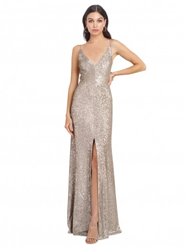 Wholesale V-Neck Fully Sequin Prom Dress with V-Back and Front Slit UK