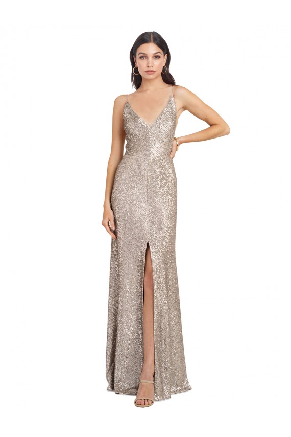 Wholesale V-Neck Fully Sequin Prom Dress with V-Back and Front Slit UK