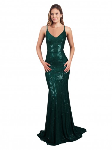 Wholesale Fishtail Shaped V-Neck Open Back Long Sequin Prom Dress UK