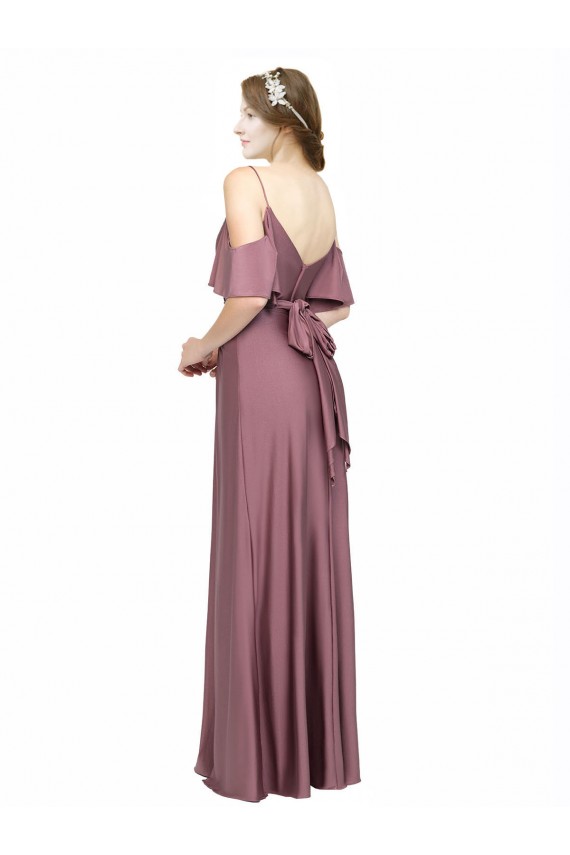 Wholesale Draped Cold Shoulder Sleeves Long Silky Satin Prom Dress with Slit and Tie Back UK