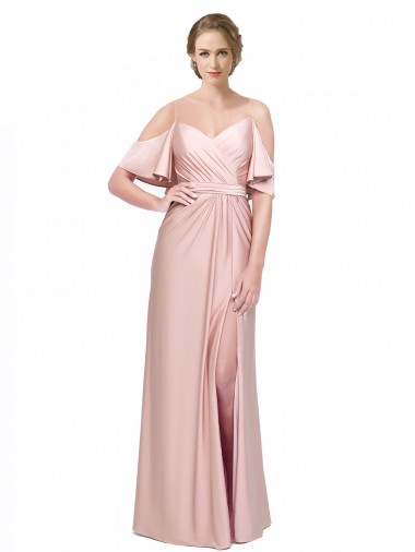 Wholesale Draped Cold Shoulder Sleeves Long Silky Satin Prom Dress with Slit and Tie Back UK