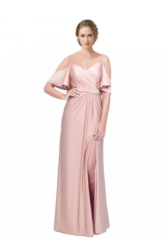 Wholesale Draped Cold Shoulder Sleeves Long Silky Satin Prom Dress with Slit and Tie Back UK