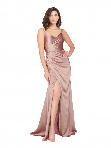 Wholesale Floor Length Silky Satin Prom Dress with Front Skirt Slit UK