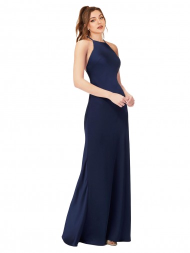 Wholesale High Neck Satin Prom Dress with Strappy Back UK