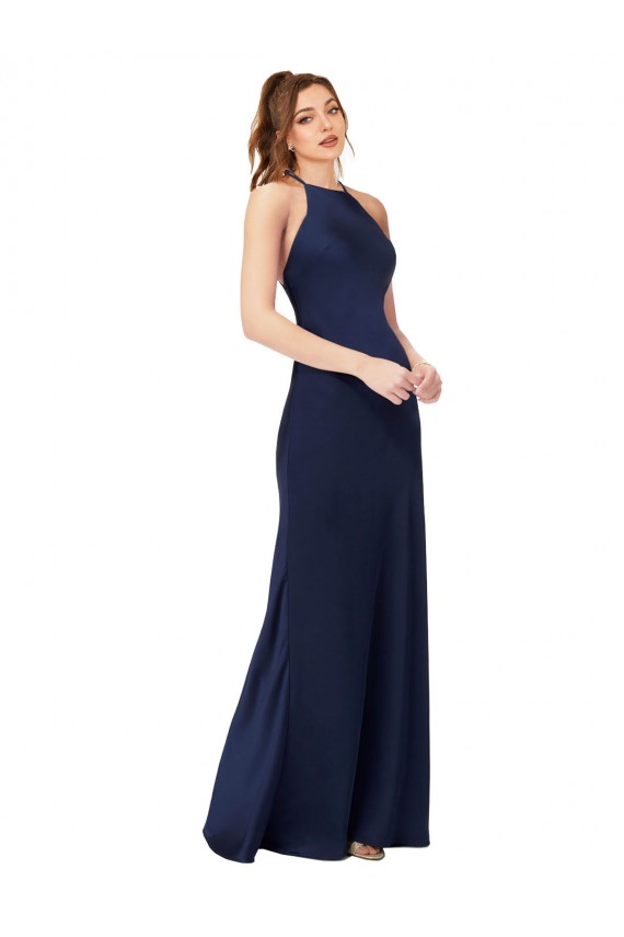 Wholesale High Neck Satin Prom Dress with Strappy Back UK