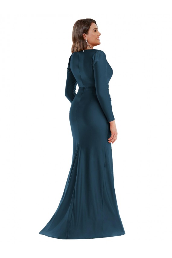 Wholesale Long Sleeves Draped Wrap Silky Satin Mermaid Prom Dress with Front Slit UK