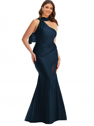 Wholesale Scarf Neck One Shoulder Silky Satin Mermaid Prom Dress with Front Slit UK