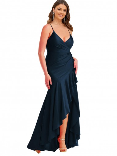 Wholesale Pleated Wrap Ruffled High Low Silky Satin Prom Dress UK