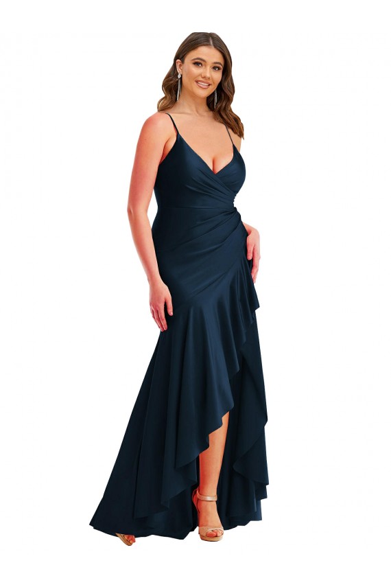 Wholesale Pleated Wrap Ruffled High Low Silky Satin Prom Dress UK