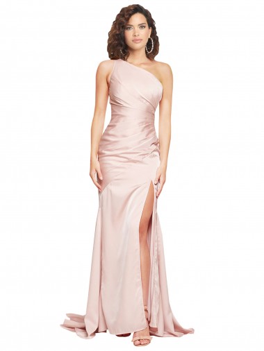 Wholesale Full Length One Shoulder Long Silky Satin Prom Dress with High Split UK