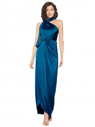 Wholesale High Halter Neck Silky Satin Prom Dress with Sash Overlay and Side Split UK