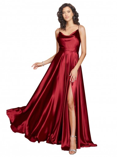 Wholesale Cowl Neckline Long Silky Satin Prom Dress with Spaghetti Straps UK