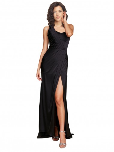 Wholesale Full Length One Shoulder Ruffled Long Silky Satin Prom Dress with High Slit UK