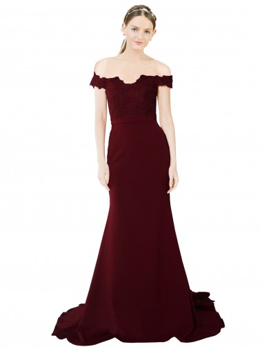 Wholesale Full Length Off the Shoulder Formal Crepe Prom Dress with Lace On Bodice and Back UK