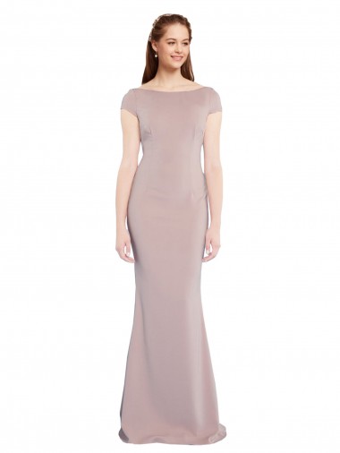 Wholesale Boat Neck Cap Sleeve Crepe Prom Dress with Plunging Tie Back UK