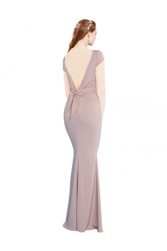 Wholesale Boat Neck Cap Sleeve Crepe Prom Dress with Plunging Tie Back UK