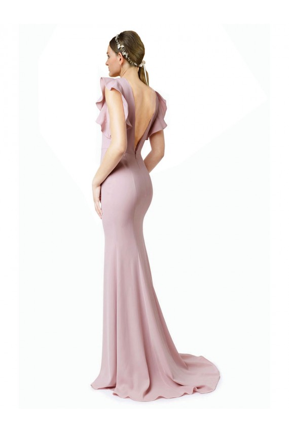 Wholesale Low V-Back Long Mermaid Crepe Prom Dress with Ruffled Sleeves UK