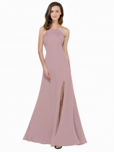 Wholesale High Neck Crepe Prom Dress with Pleats and Keyhole Back UK