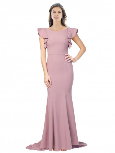 Wholesale Flutter Sleeves Low V-Back High Round Neck Crepe Prom Dress UK