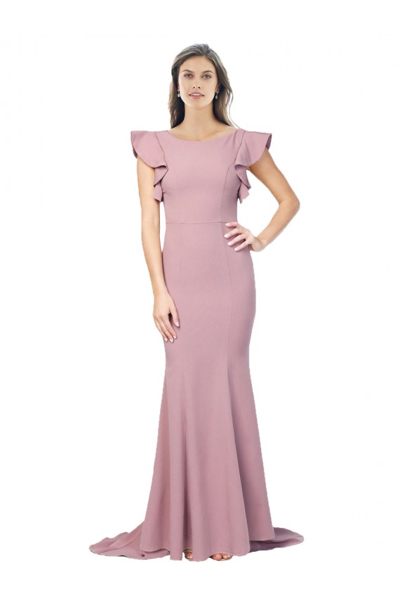 Wholesale Flutter Sleeves Low V-Back High Round Neck Crepe Prom Dress UK