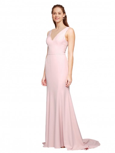 Wholesale Deep V-Neckline and Back Long Sweep Train Crepe Prom Dress with Shoulder Straps UK