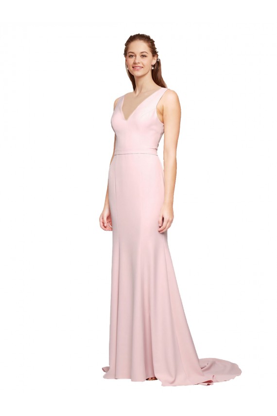 Wholesale Deep V-Neckline and Back Long Sweep Train Crepe Prom Dress with Shoulder Straps UK