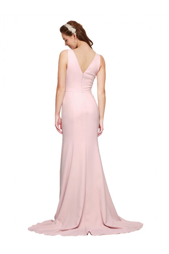 Wholesale Deep V-Neckline and Back Long Sweep Train Crepe Prom Dress with Shoulder Straps UK