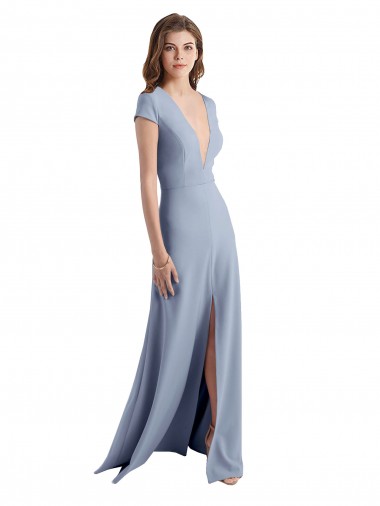 Wholesale Plunging V-Neck Cap Sleeves Stretch Crepe Prom Dress with Front Slit UK