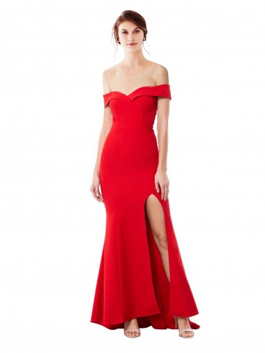 Wholesale Off the Shoulder Sweetheart Maxi Crepe Prom Dress With Thigh Split and Train UK