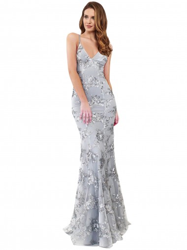 Wholesale Silver V-Neckline Backless Floral Patterned Sequin Prom Dress UK