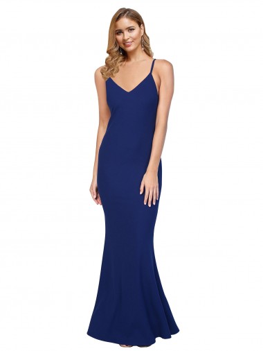 Wholesale Full Length V-Neckline Crepe Prom Dress with Thin Straps and Fulted Skirt UK