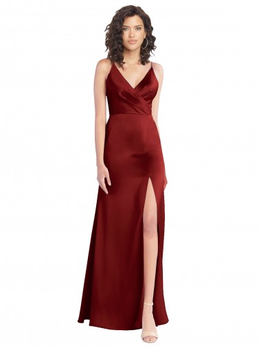 Wholesale Faux Surplice Neckline Long Slim A-Line Stretch Satin Prom Dress UK