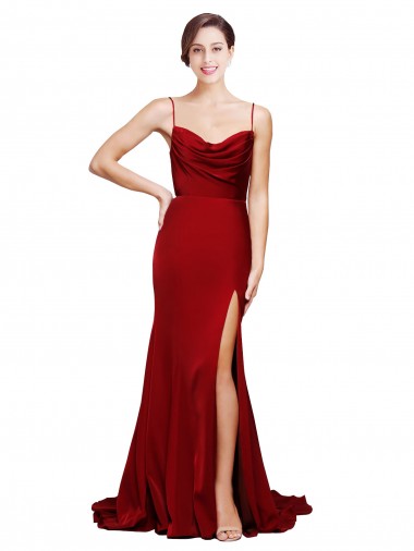 Wholesale Cowl Front Neck Sweep Train Stretch Satin Prom Dress with High Side Split UK