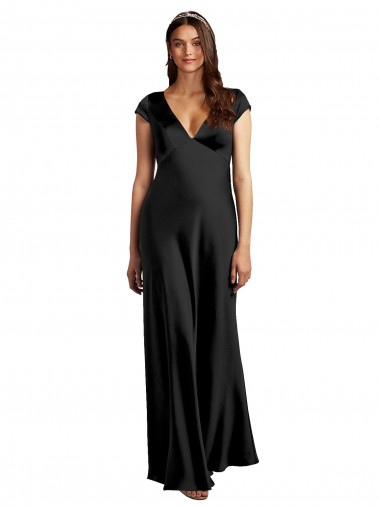 Wholesale Plunging V-Neck Cap Cleeves Long Stretch Satin Prom Dress with Keyhole Back UK