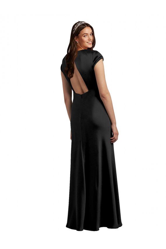 Wholesale Plunging V-Neck Cap Cleeves Long Stretch Satin Prom Dress with Keyhole Back UK