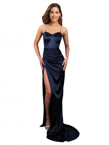 Wholesale Pleated Sash Skirt Long Stretch Satin Prom Dress with High Slit UK