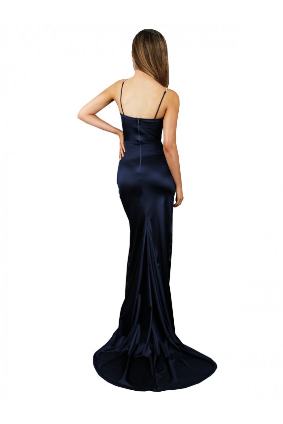 Wholesale Pleated Sash Skirt Long Stretch Satin Prom Dress with High Slit UK