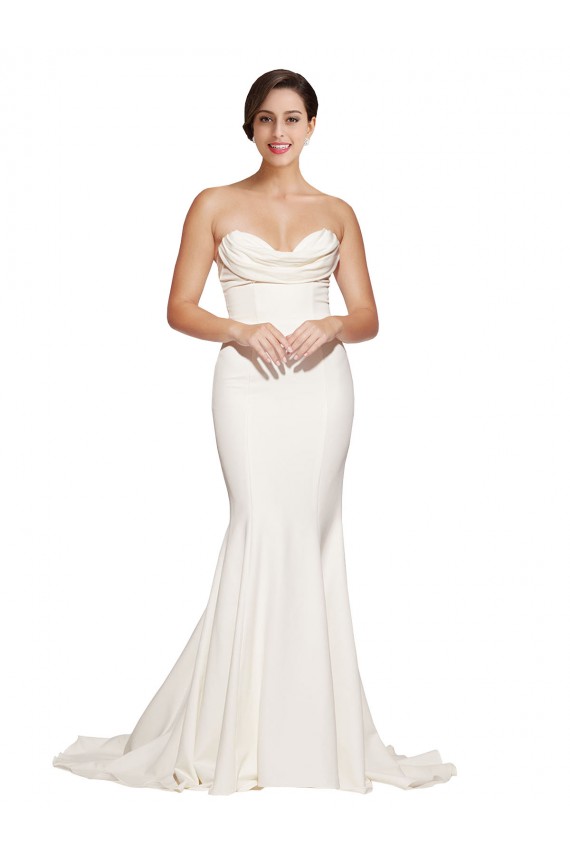 Wholesale Strapless Cowl Neck Sweep Train Stretch Satin Prom Dress UK