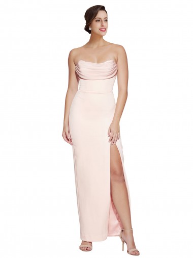 Wholesale Cowl Neck Strapless Stretch Satin Prom Dress with High Split UK